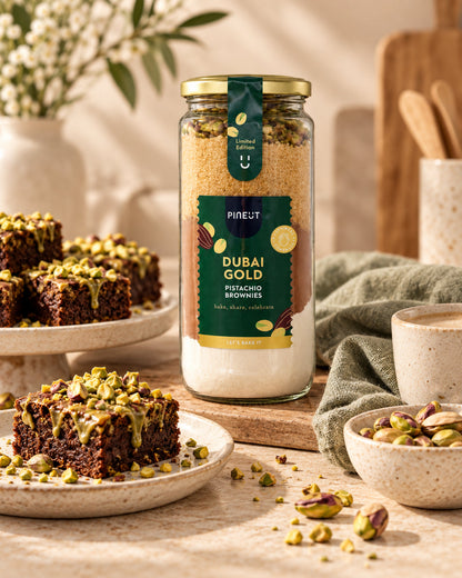 Sfeerbeeld van Brownies Dubai Gold Pure Chocolade, Pistache & Specerijen met warme styling en passende ingrediënten