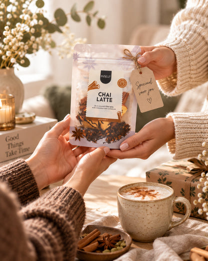 Chai Latte Pouchbag BIO als cadeau tijdens een persoonlijk overhandigingsmoment