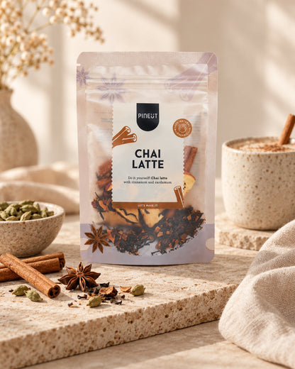 Chai Latte Pouchbag BIO van Pineut op rustige sfeervolle productachtergrond