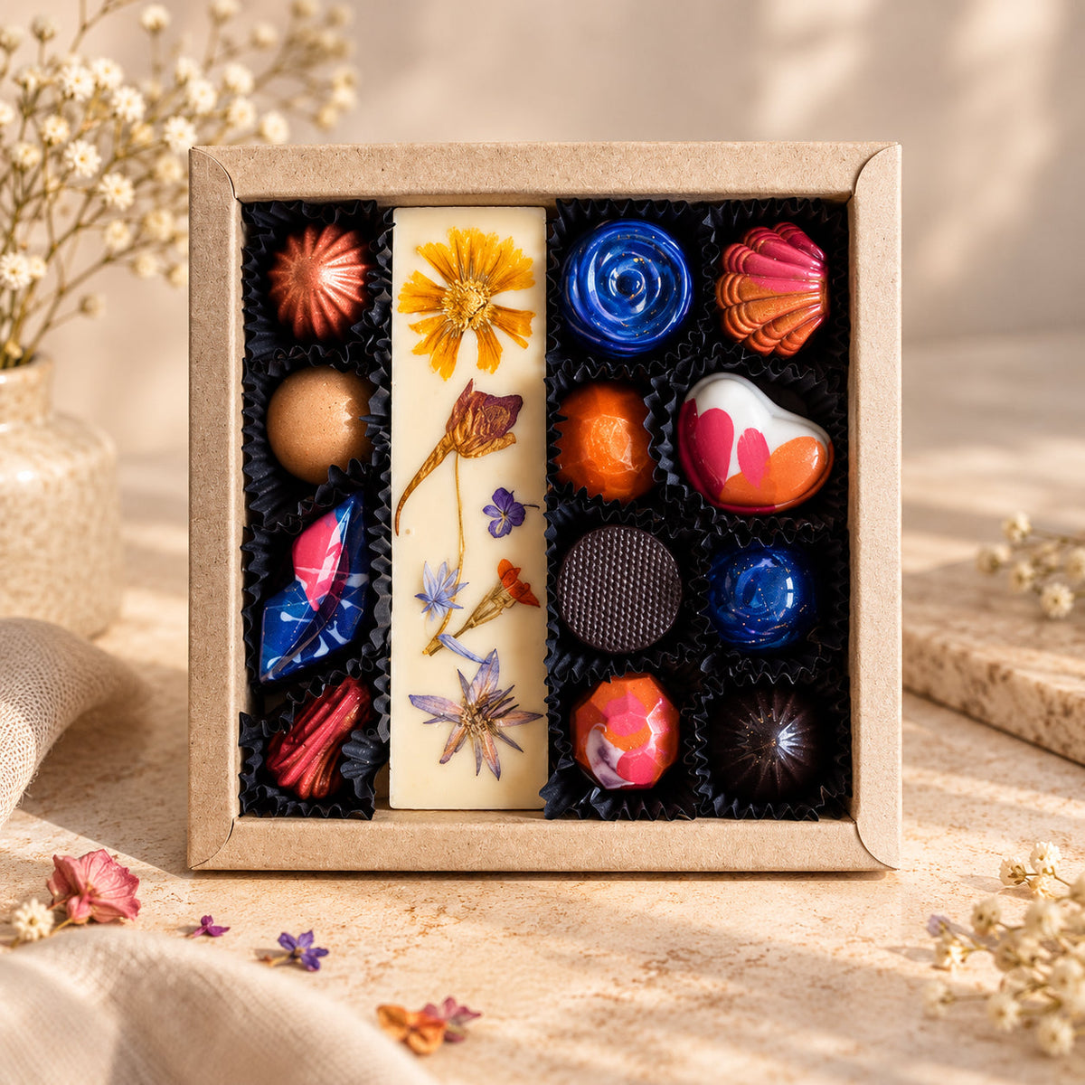 Combi Bonbons met 12 handgemaakte bonbons en bloemenreepje