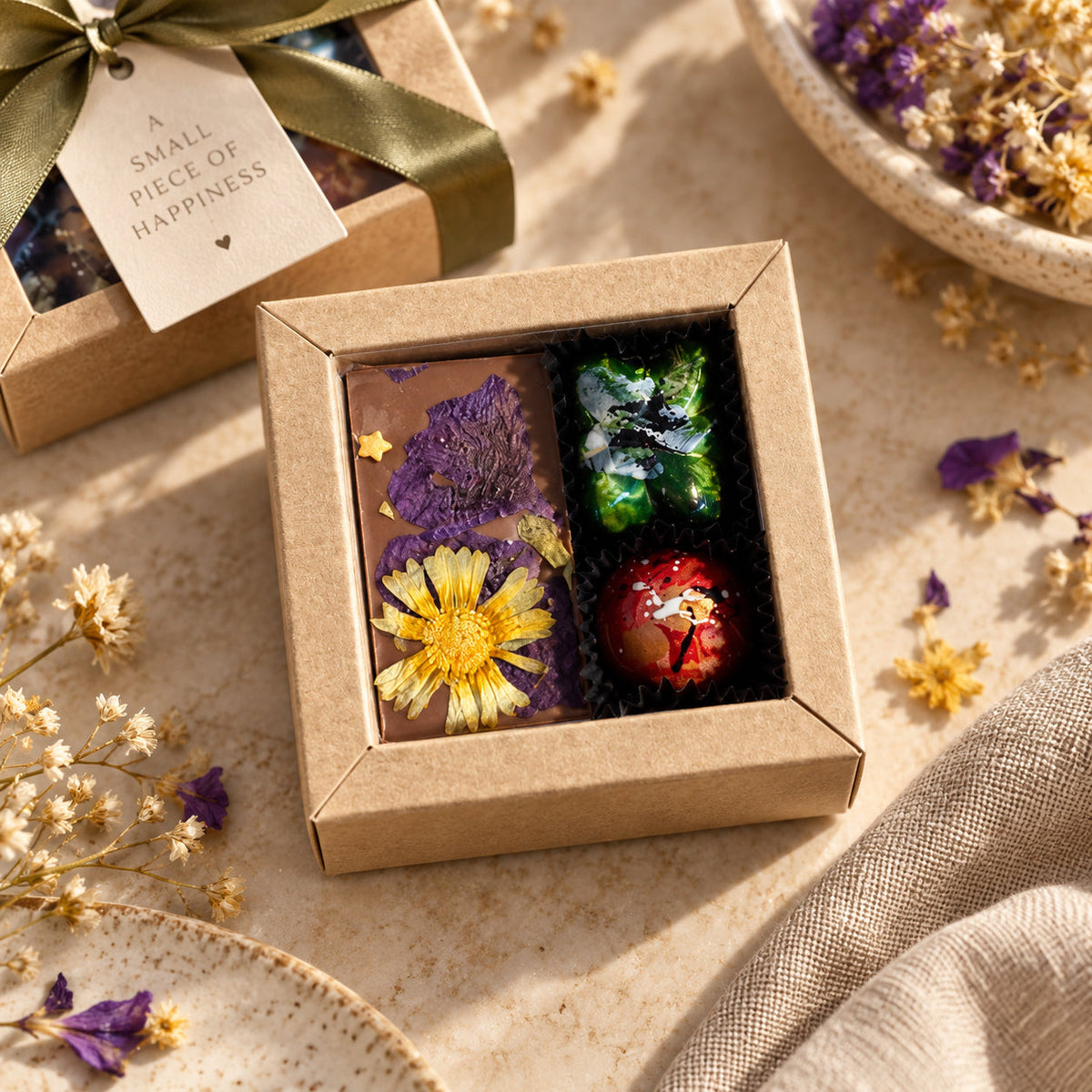 Combidoosje Mini met bloemenreep en bonbons tijdens een overhandig moment