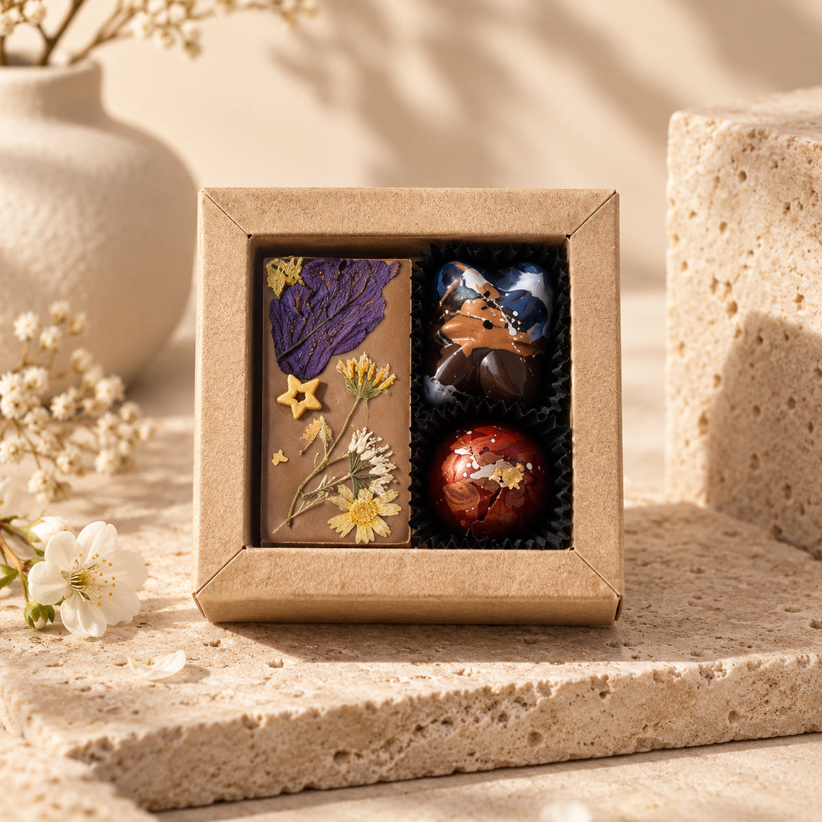 Combidoosje Mini met bloemenreep en handgemaakte bonbons als chocolade cadeau