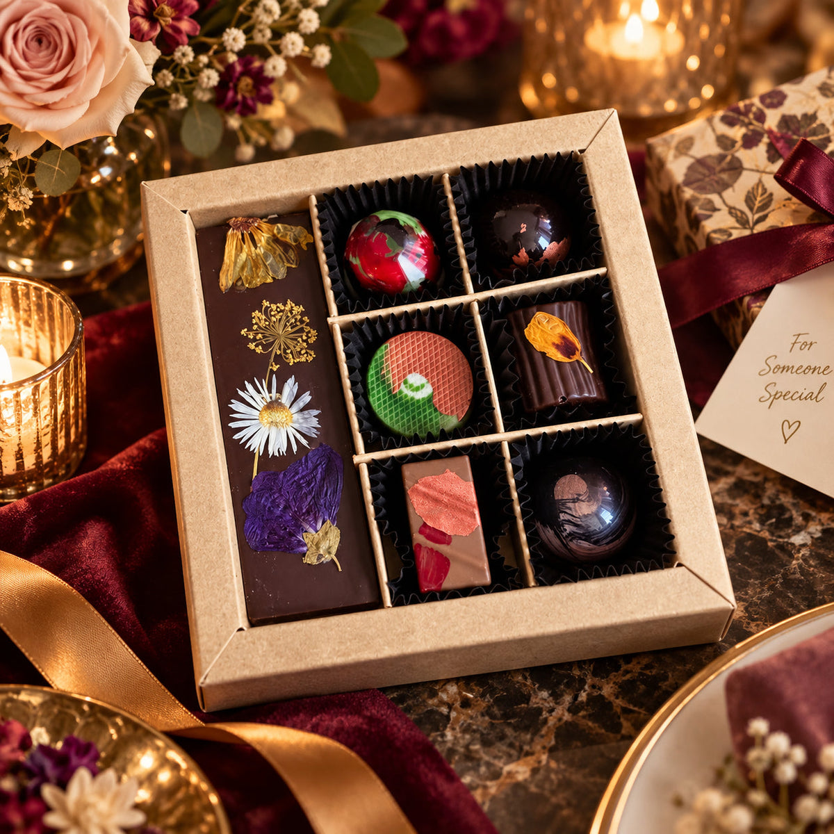 Luxe chocoladecadeau met bloemenreep en 6 bonbons