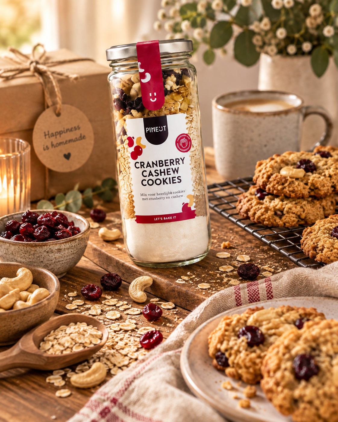 Sfeerbeeld van Cranberry Cashew Cookies met warme styling en passende ingrediënten
