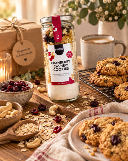 Sfeerbeeld van Cranberry Cashew Cookies met warme styling en passende ingrediënten