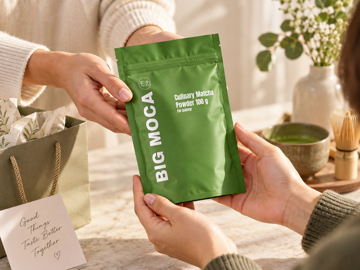BIG MOCA Culinary Matcha 100g wordt overhandigd als gezond en origineel cadeau