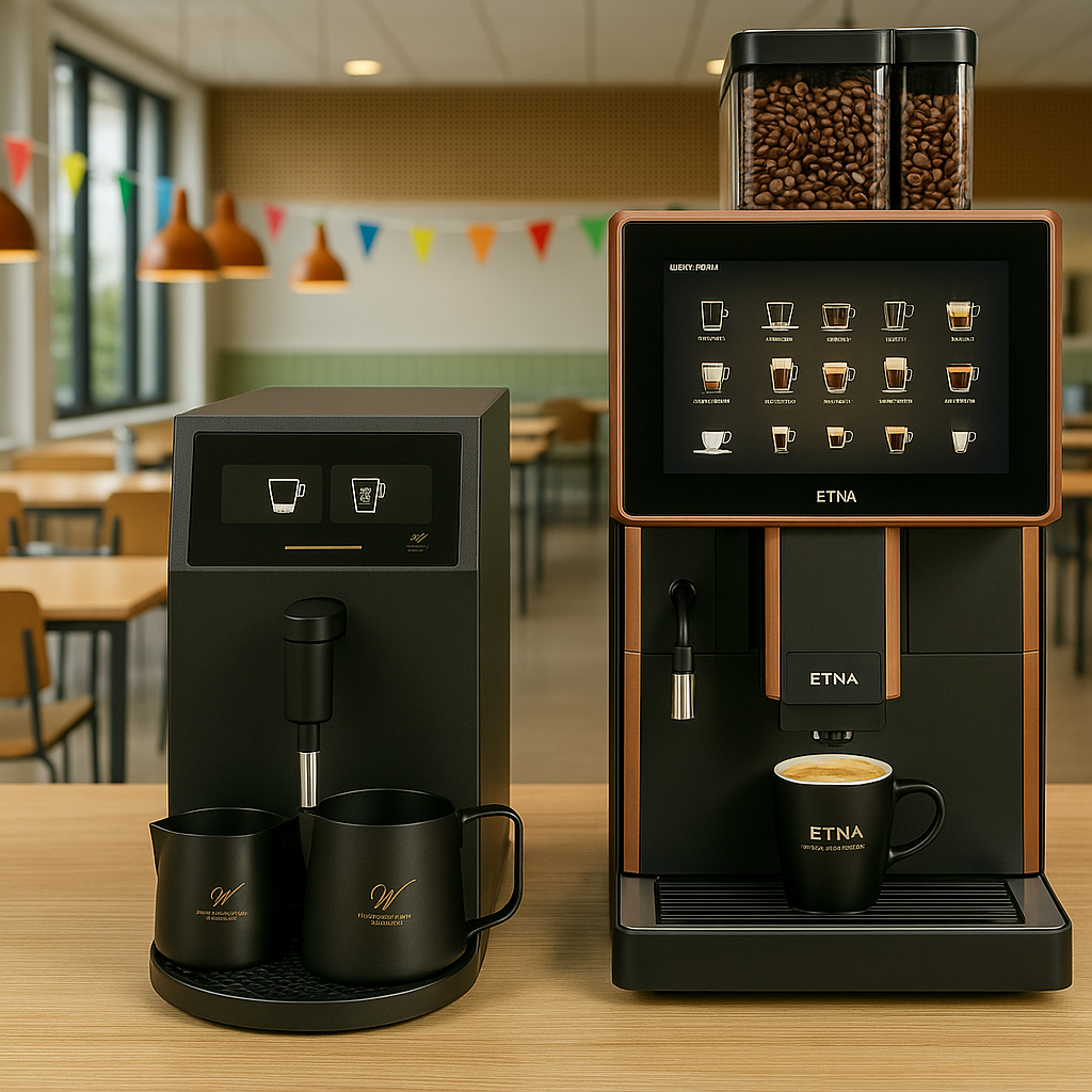 ETNA Alpina MilkBase naast een koffiemachine met twee koffiekoppen