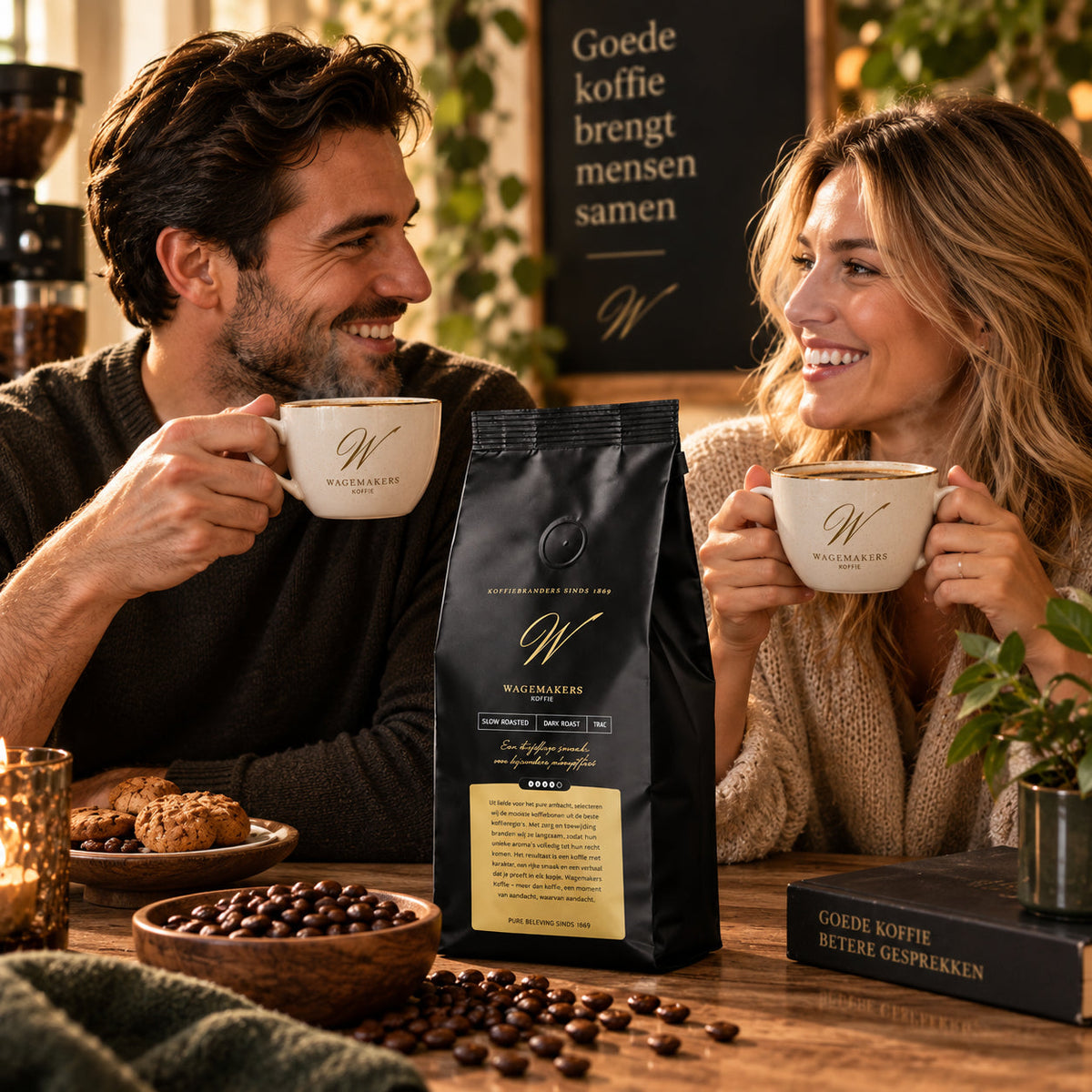 Twee mensen drinken koffie van Wagemakers Exclusive Roast koffiebonen