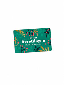 Fijne Kerstdagen keuze cadeaukaart met vrolijke groene achtergrond en decoratieve elementen.