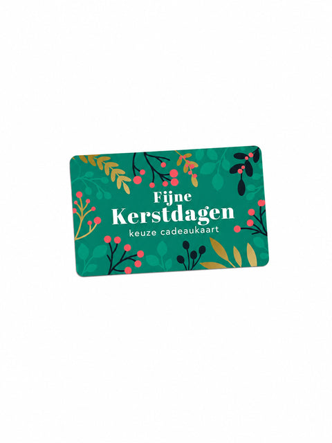 Fijne Kerstdagen keuze cadeaukaart met vrolijke groene achtergrond en decoratieve elementen.