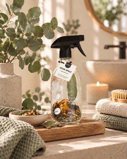 Sfeerbeeld van Home Spray Eucalyptus Pine met warme styling en passende ingrediënten