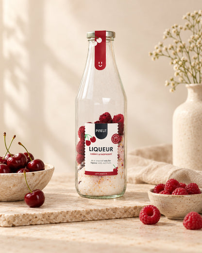 Kersenlikeur Karaf Cherry & Raspberry BIO op rustige sfeervolle productachtergrond