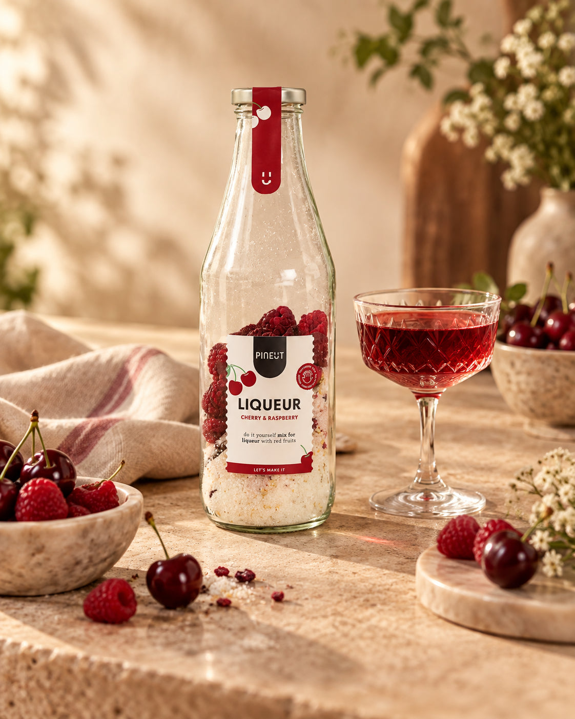 Sfeerbeeld van Kersenlikeur Karaf Cherry & Raspberry BIO met warme styling en passende ingrediënten