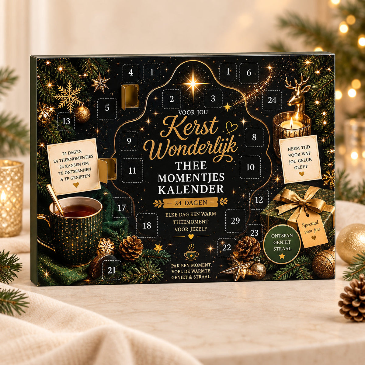 Kerst Wonderlijk Thee Momentjes Kalender 24 dagen magie op rustige sfeervolle productachtergrond