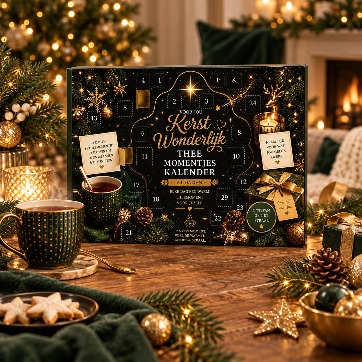 Sfeerbeeld van Kerst Wonderlijk Thee Momentjes Kalender 24 dagen magie met warme styling en passende ingrediënten
