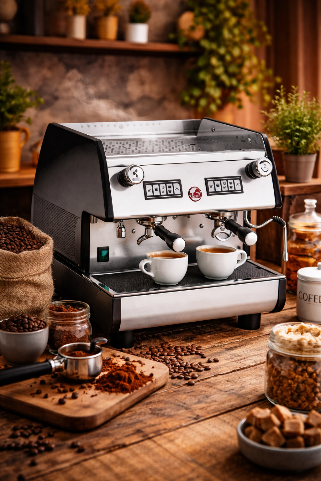 La Pavoni 2-groeps espressomachine, zijaanzicht van de barista-opstelling