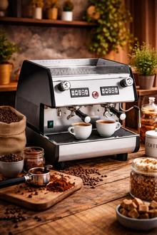 La Pavoni 2-groeps espressomachine, zijaanzicht van de barista-opstelling