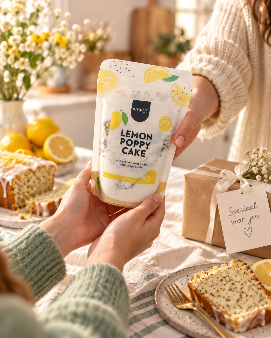 Lemon Poppy Cake Pouchbag als cadeau tijdens een persoonlijk overhandigingsmoment