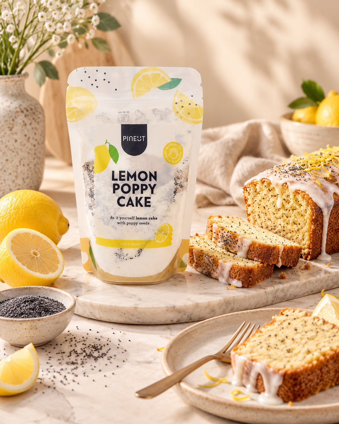Sfeerbeeld van Lemon Poppy Cake Pouchbag met warme styling en passende ingrediënten