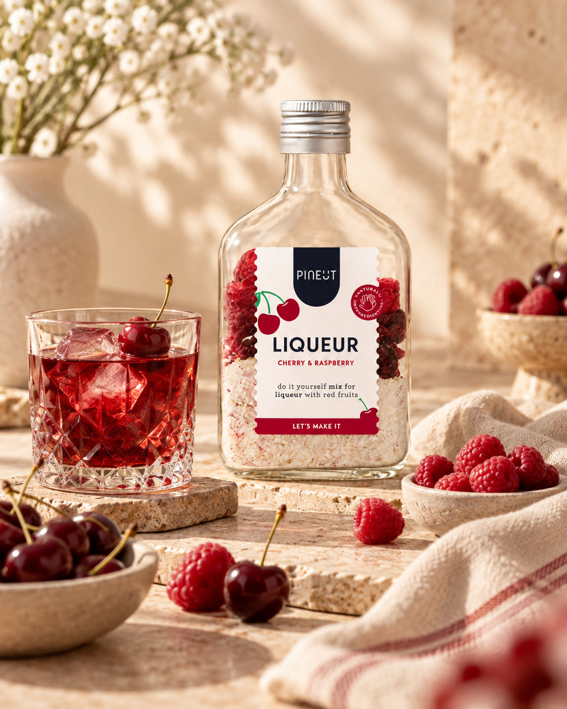 Sfeerbeeld van Likeur maken Pineut Kersenlikeur Zakflacon Cherry & Raspberry BIO met warme styling en passende ingrediënten