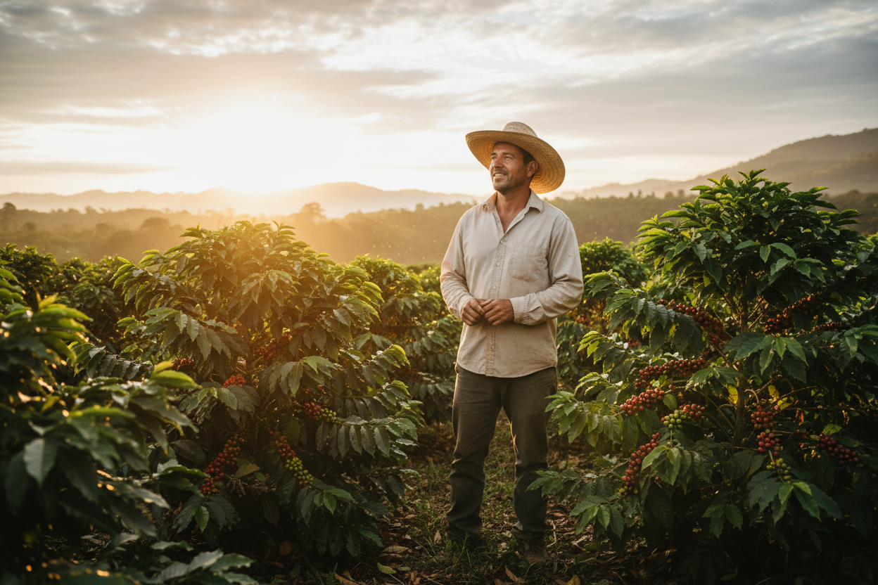 Maak een afbeedling van victor in een koffie veld die gelooft in zijn dromen 