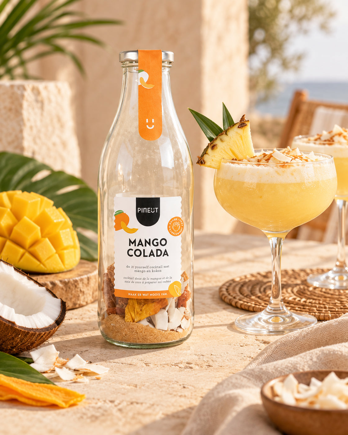 Sfeerbeeld van Mango Colada zomerdrankje BIO met warme styling en passende ingrediënten