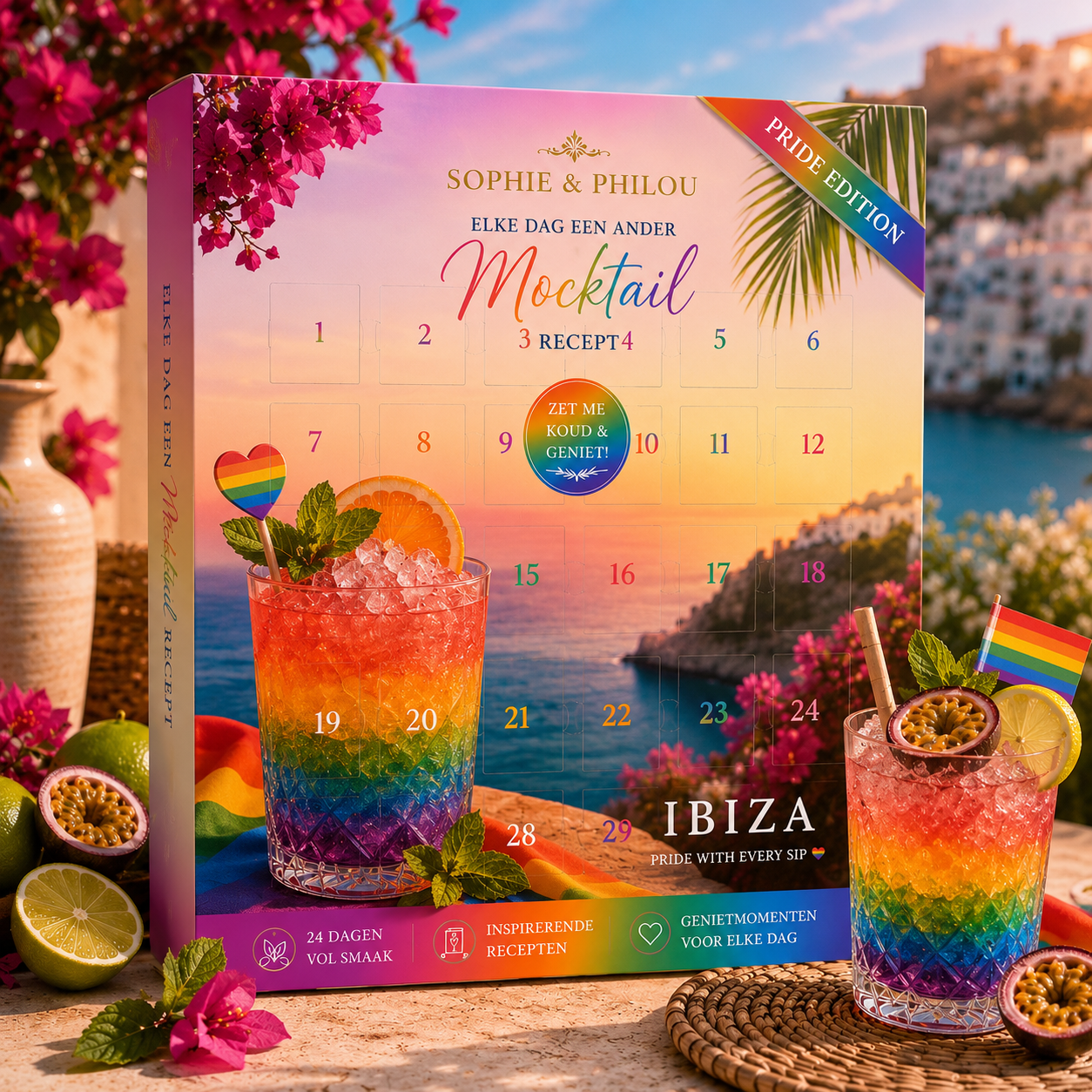 Sophie & Philou Pride Kalender 2026 Ibiza Edition met kleurrijke regenboogmocktails, 24 verrassingsvakjes, inspirerende recepten en dagelijkse droommomenten.