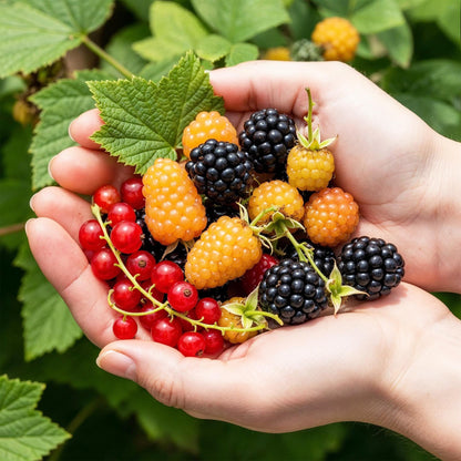 Green boutiQ - Fruitplanten - Tricolour - Rode Bes - Gele Framboos - Zwarte Braam  - Winterhard - 3 Planten - Pot  9cm