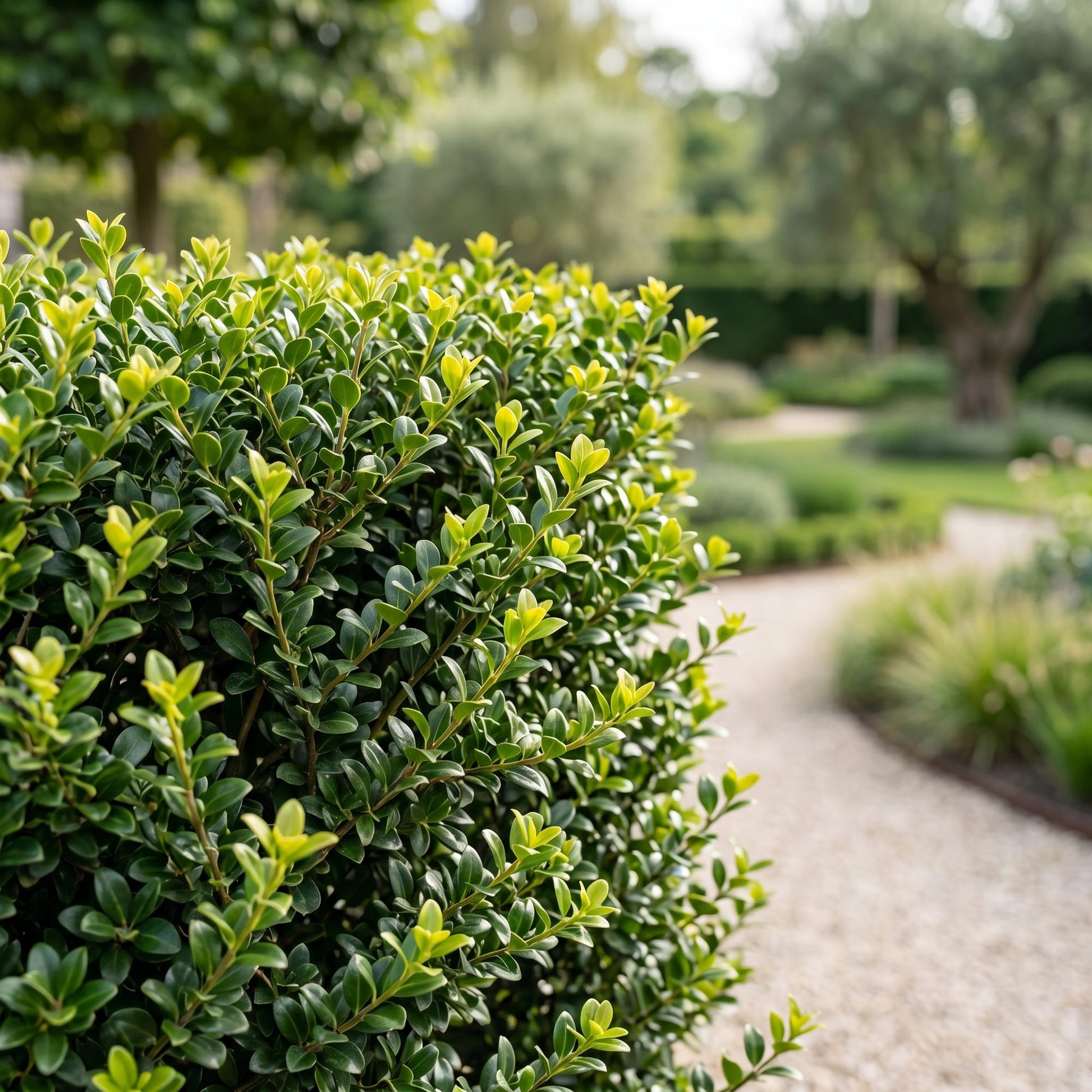 Ilex Crenata Golden Gem haagplanten in een prachtige tuin met groene achtergrond en een pad.