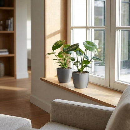 Green boutiQ - Monstera Deliciosa - Gatenplant - 4 Planten - met Potter Grijs - Pot 12cm - Hoogte - 30cm