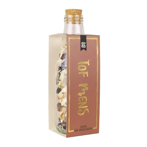Momentenfles met toffees en boodschap Tof mens