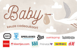 Baby keuze cadeaukaart met logo's van populaire winkels zoals HEMA en Wehkamp voor kraamcadeaus.