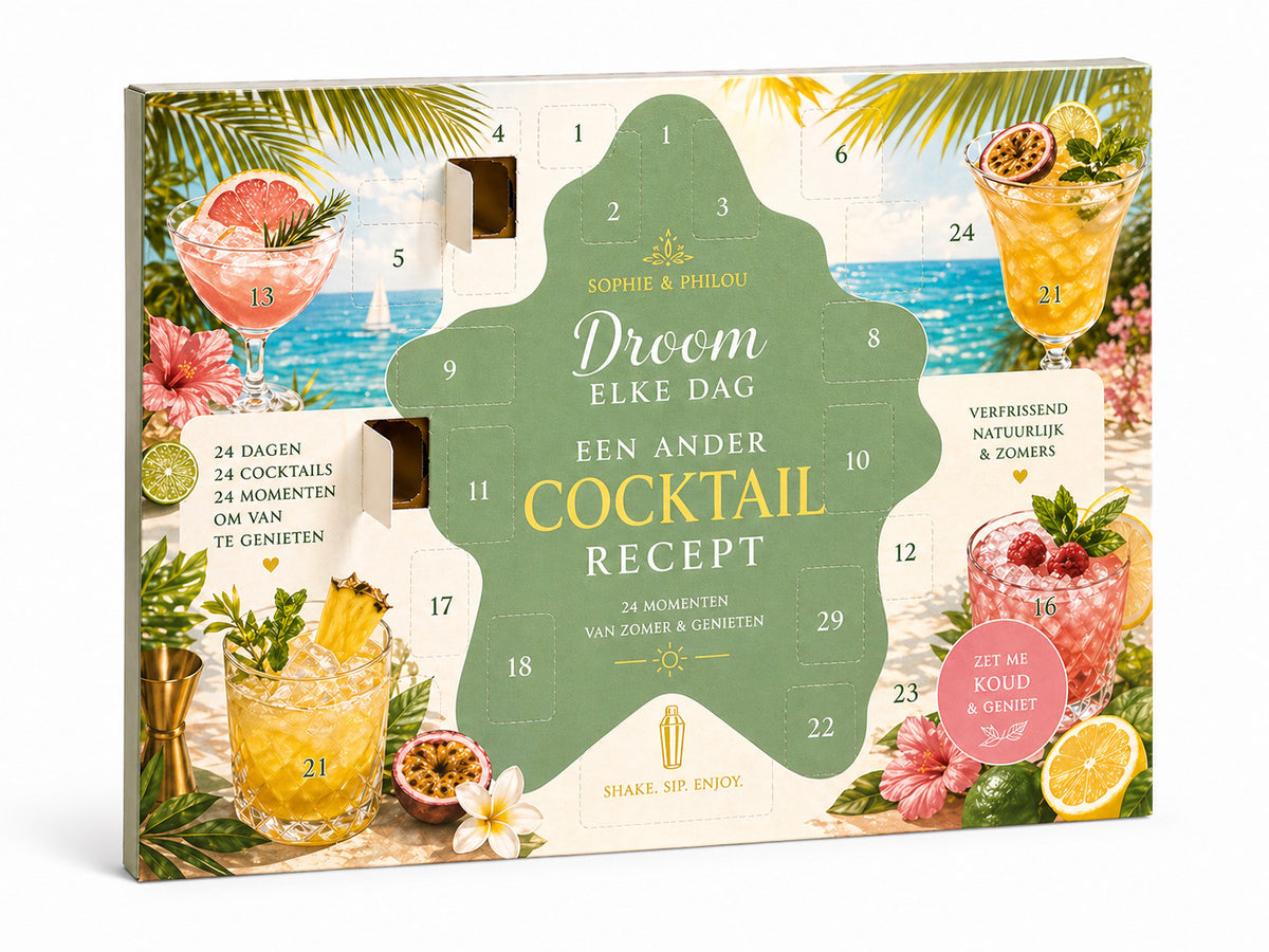 Cocktail zomerkalender recepten met 24 unieke cocktailmomenten, gepresenteerd in een kleurrijke zomerset.