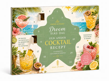 Cocktail zomerkalender recepten met 24 unieke cocktailmomenten, gepresenteerd in een kleurrijke zomerset.