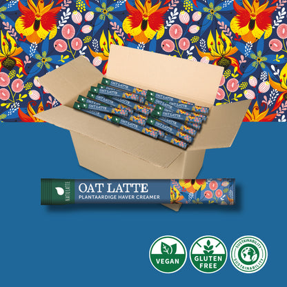 Oat Latte Sticks – Doos met 1000 stuks in een open doos met kleurrijke achtergrond