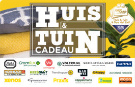 Huis & Tuin Cadeaukaart met logo's van deelnemende winkels, geschikt voor bedrijven en scholen.