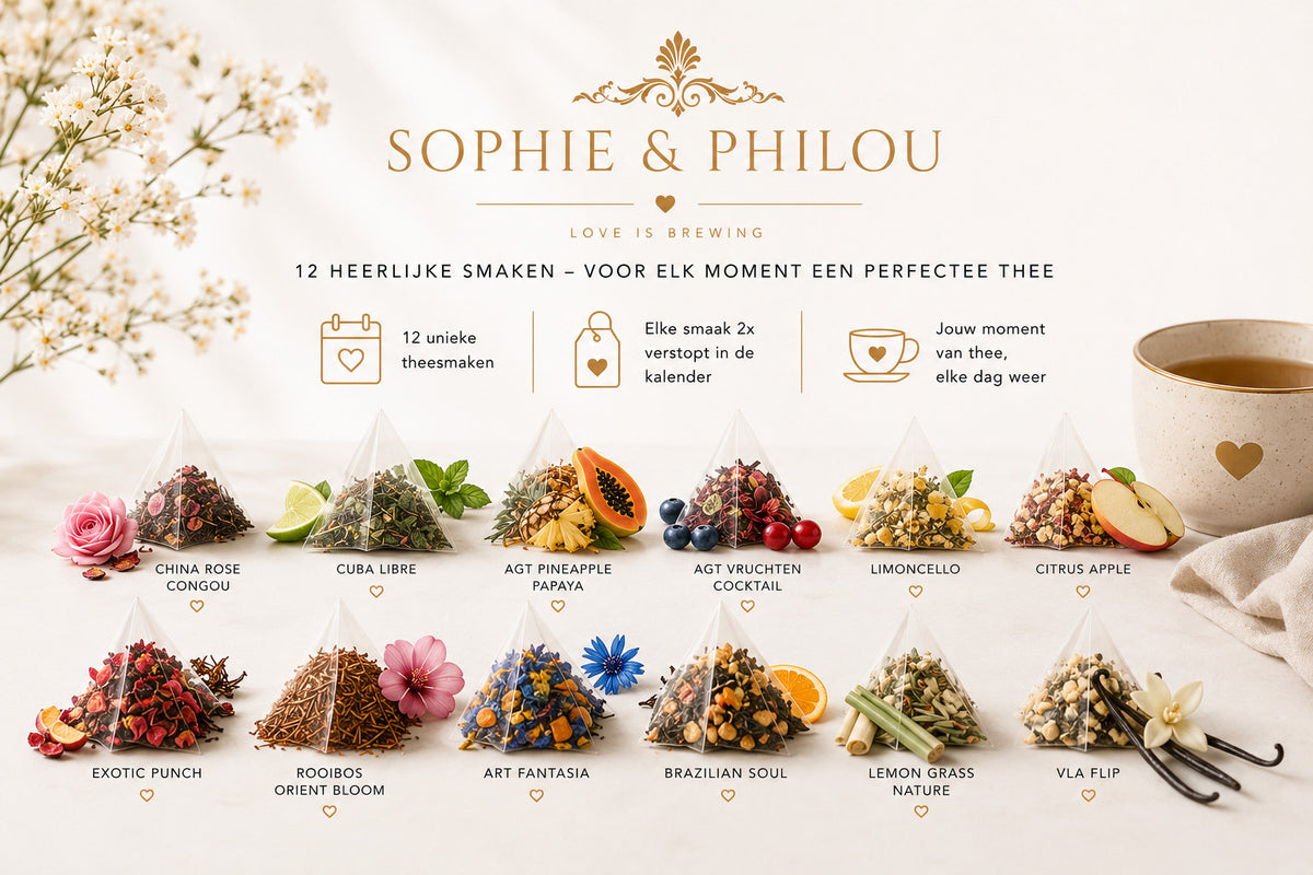 Kerst thee kalender met 12 unieke theesmaken voor elke moment, gepresenteerd door Sophie & Philou.