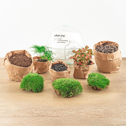 DIY-Terrarium – Kuppel Rot – ↕ 20 cm – Rechen + Schaufel + Pinzette + Schere