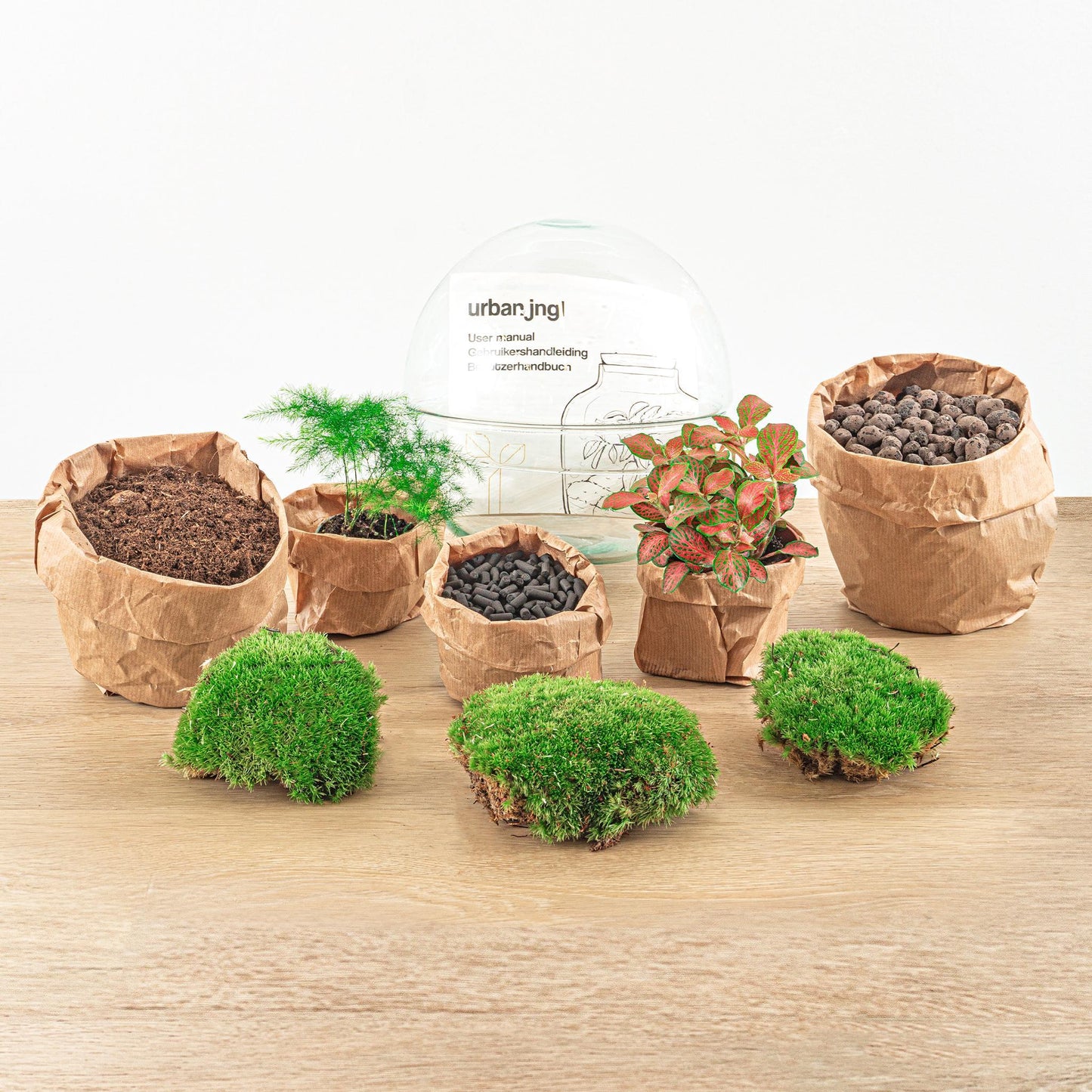 DIY-Terrarium-Set – Rote Kuppel – ↕ 20 cm – Rechen + Schaufel