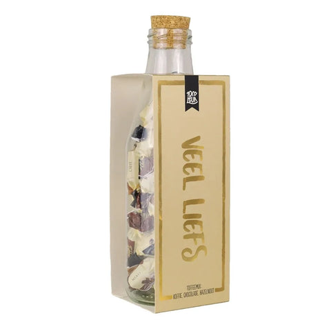 Momentenfles met toffees en boodschap Veel liefs