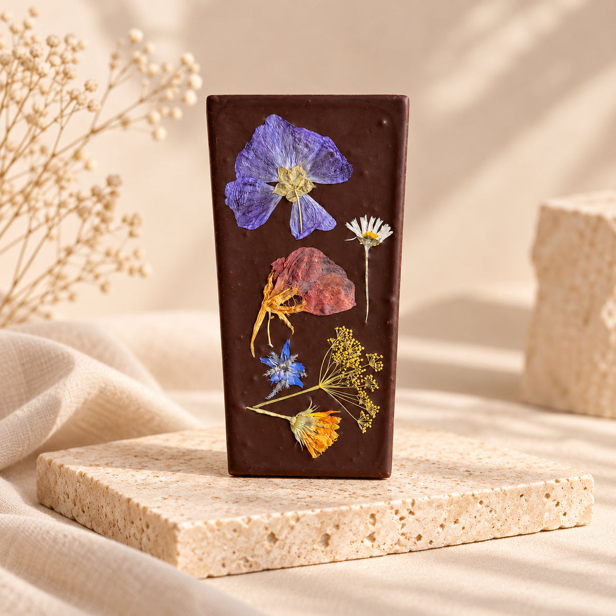 Vegan bloemenreep van pure Fairtrade chocolade met eetbare bloemen