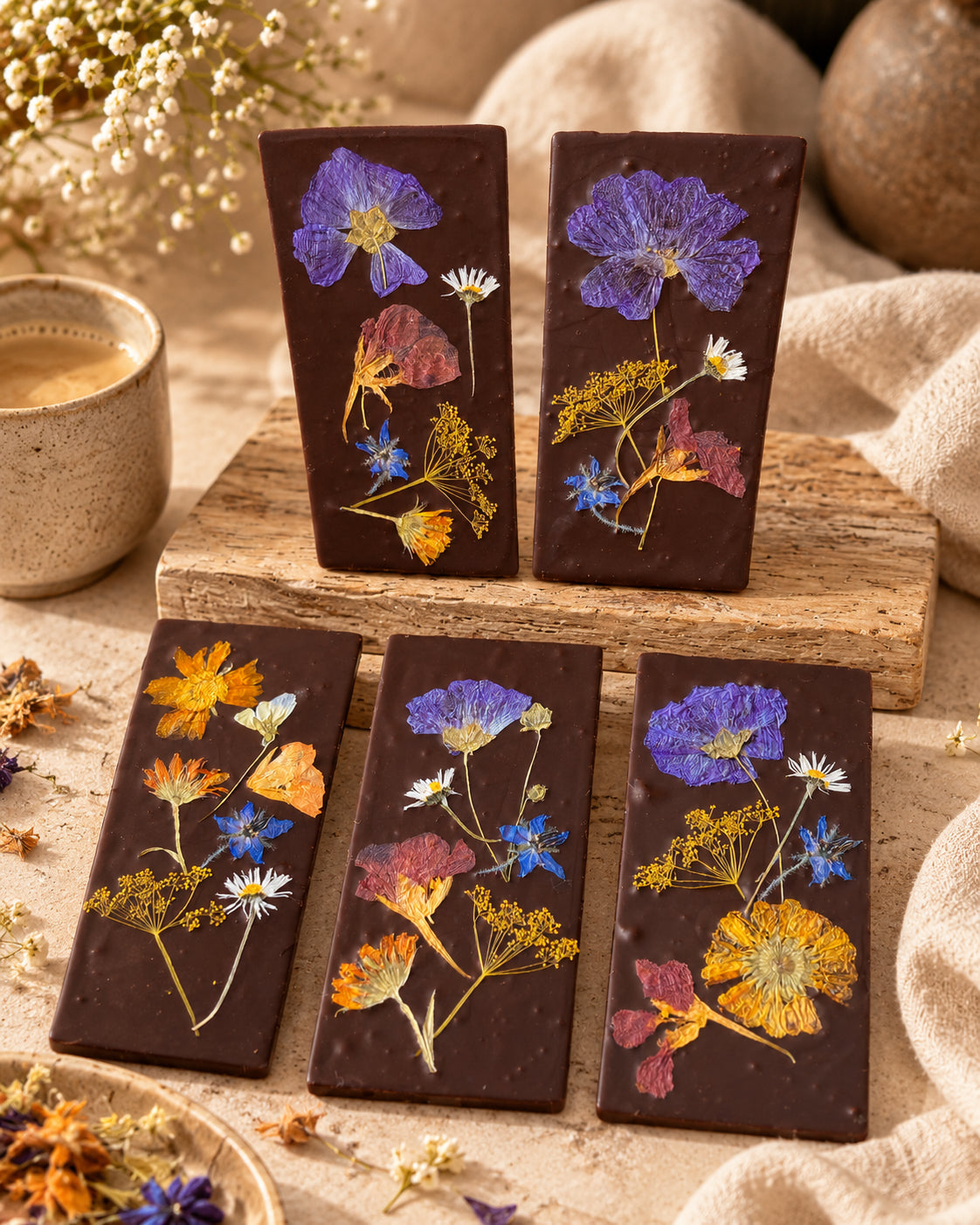 Vegan chocolade bloemenreep met biologische eetbare bloemen