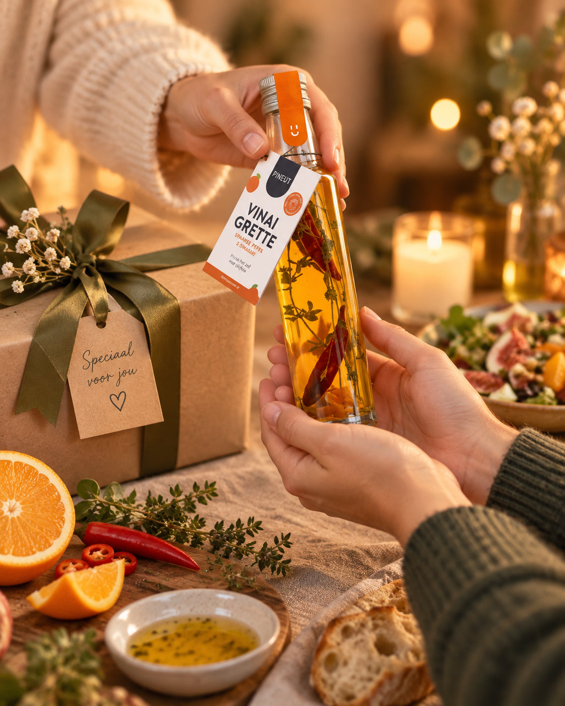 Vinaigrette maken Spaanse Peper & Sinaasappel Pineut als cadeau tijdens een persoonlijk overhandigingsmoment