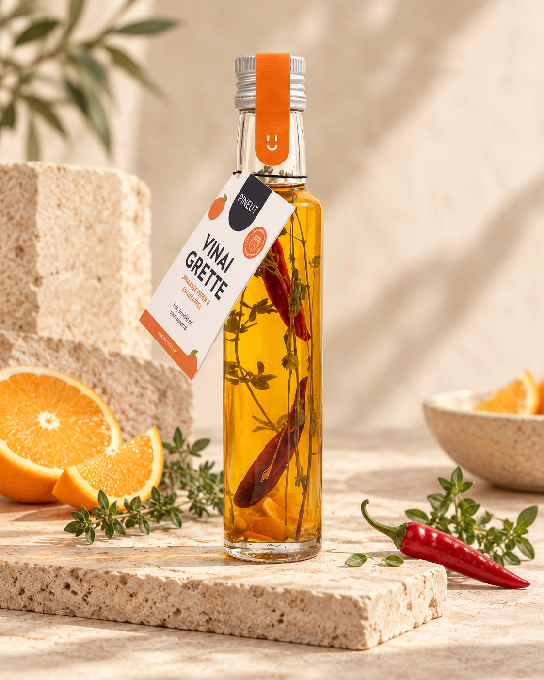 Vinaigrette maken Spaanse Peper & Sinaasappel Pineut van Pineut op rustige sfeervolle productachtergrond