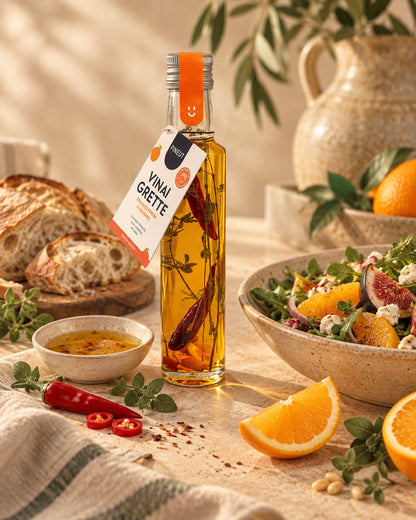 Sfeerbeeld van Vinaigrette maken Spaanse Peper & Sinaasappel Pineut met warme styling en passende ingrediënten