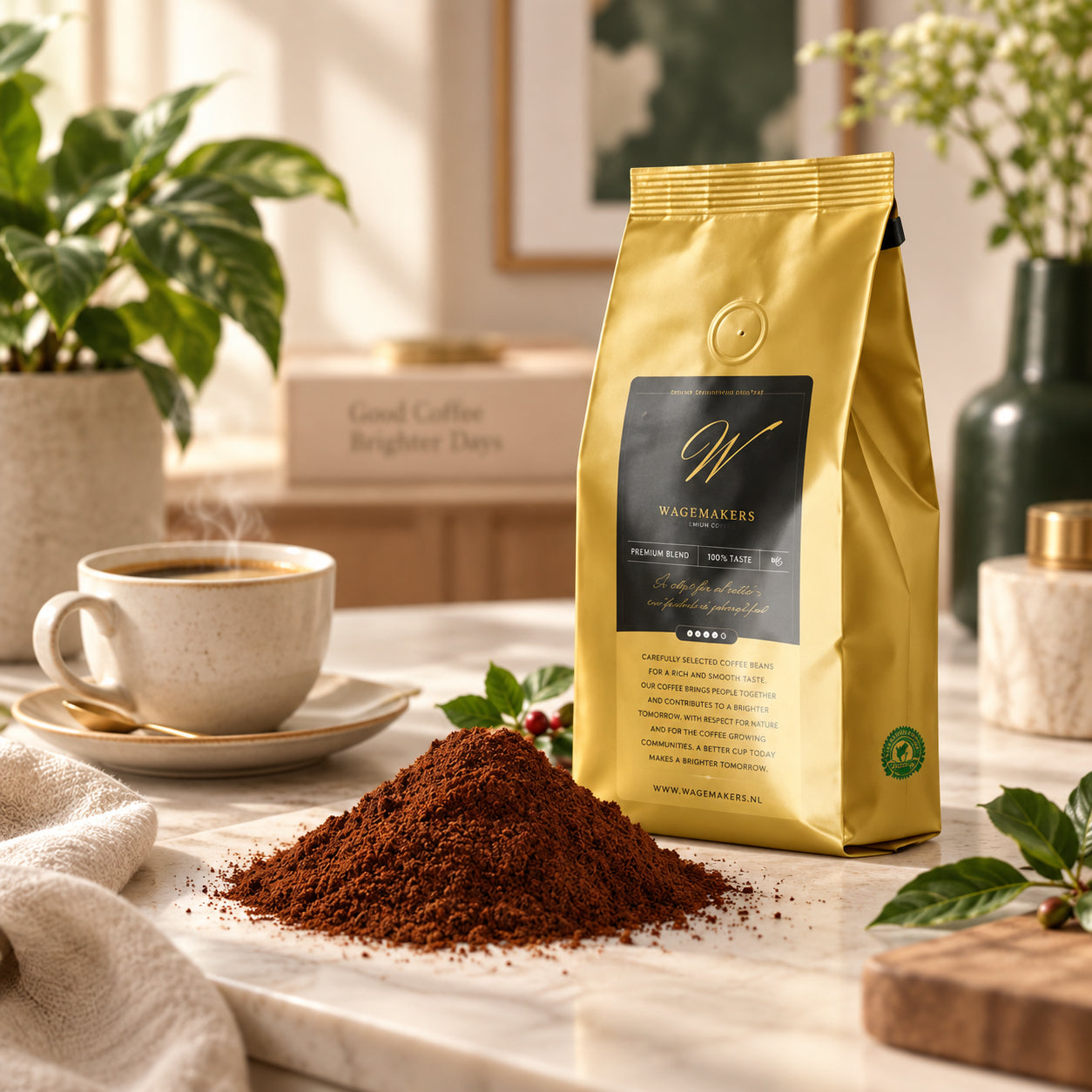 Wagemakers Decafé koffiebonen in sfeervolle koffie setting