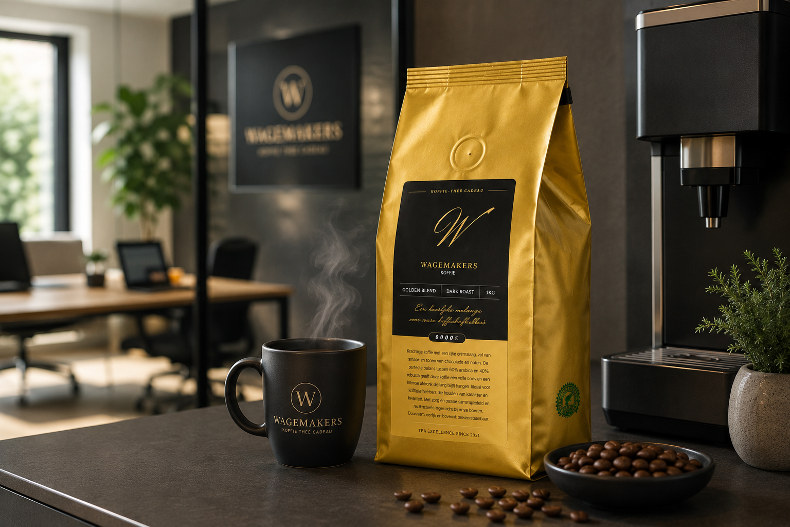 Wagemakers Medium Roast koffiebonen bij een koffiemachine in een modern kantoor