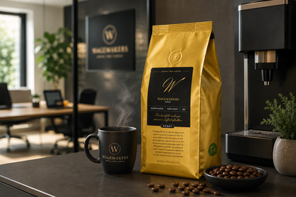 Wagemakers Medium Roast koffiebonen bij een koffiemachine in een modern kantoor
