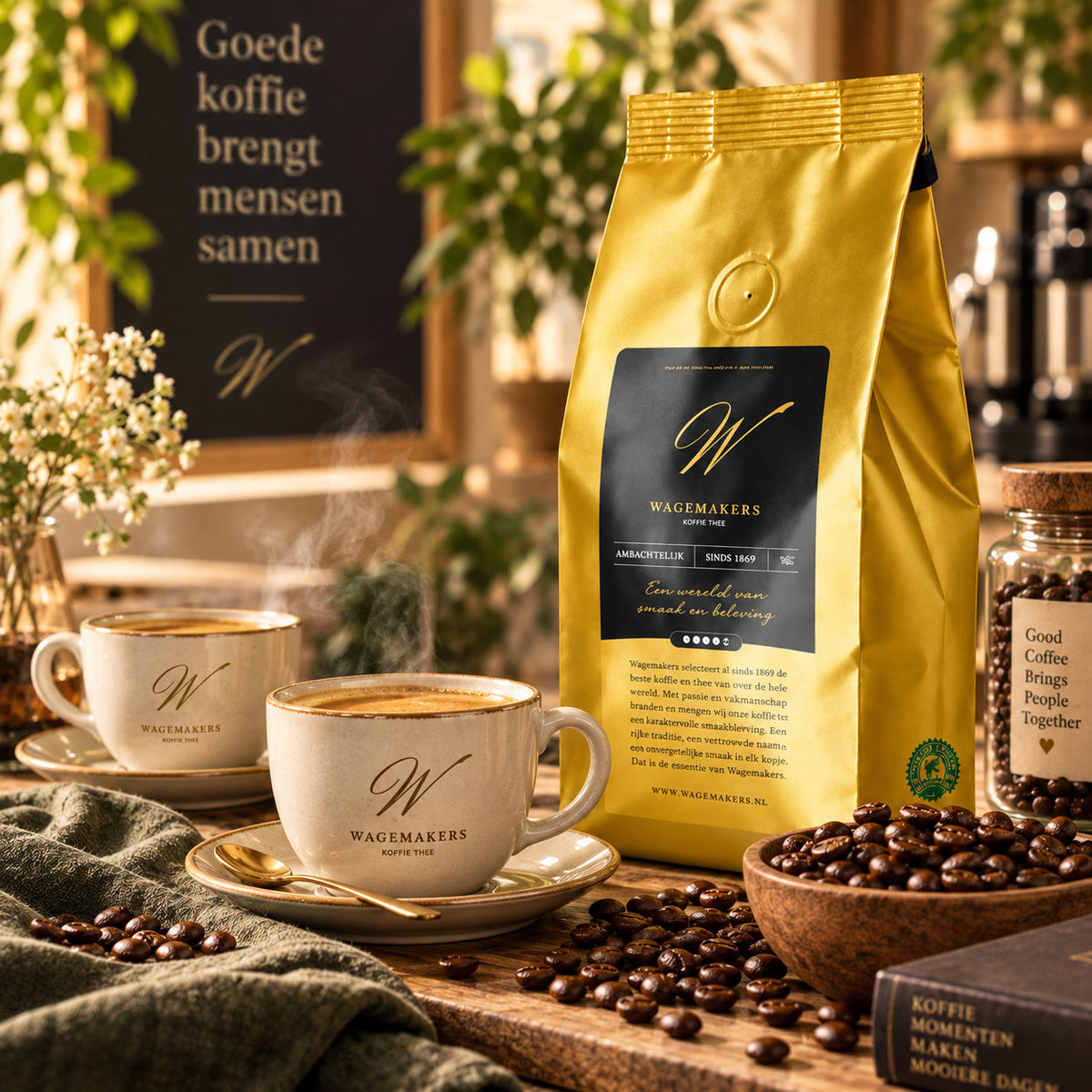 Twee mensen drinken Wagemakers Medium Roast koffie