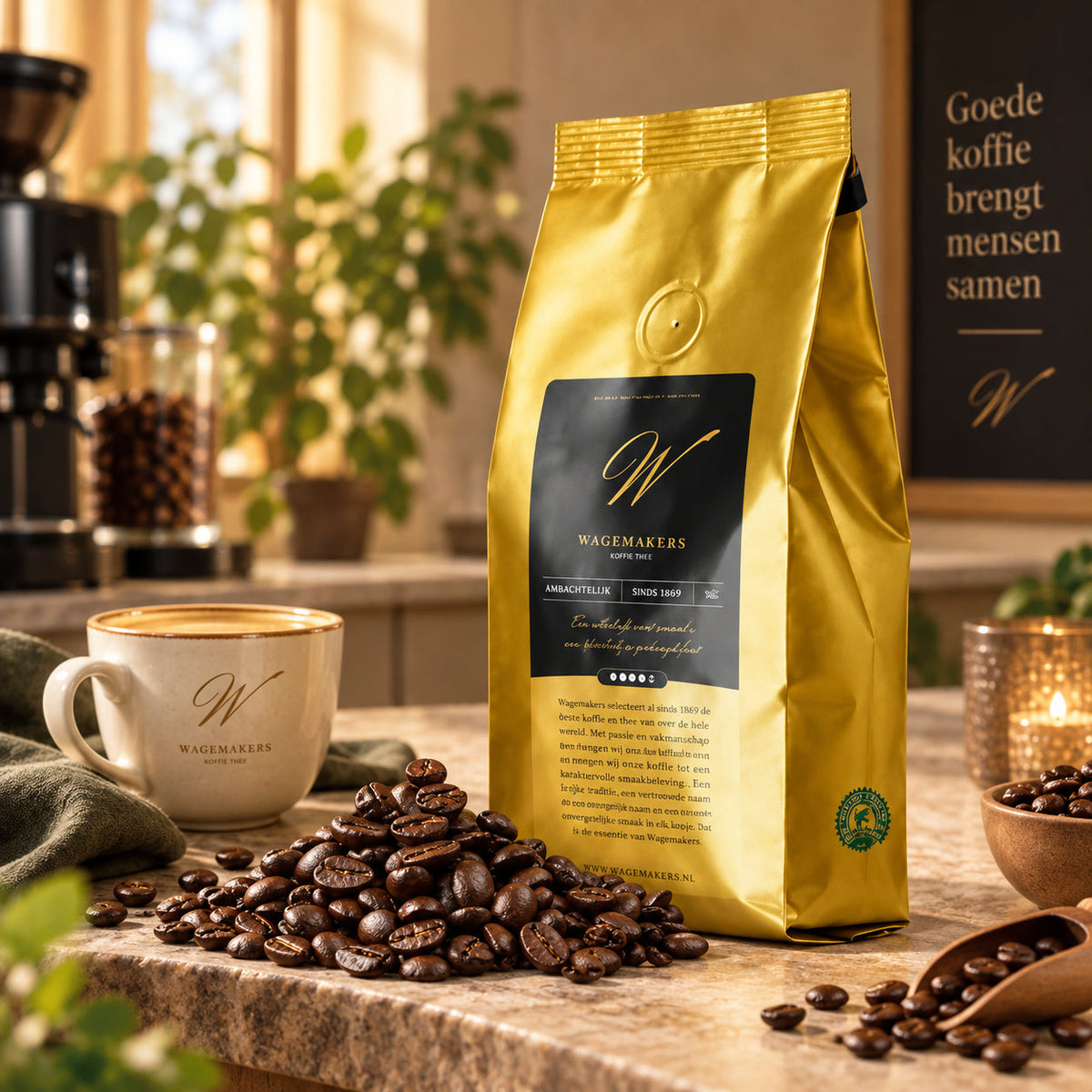 Wagemakers Medium Roast koffiebonen in warme sfeervolle koffie setting
